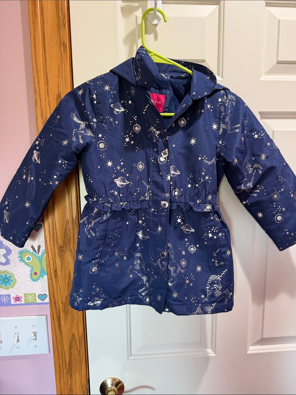 London Fog Navy Hooded Coat with Celestial Print